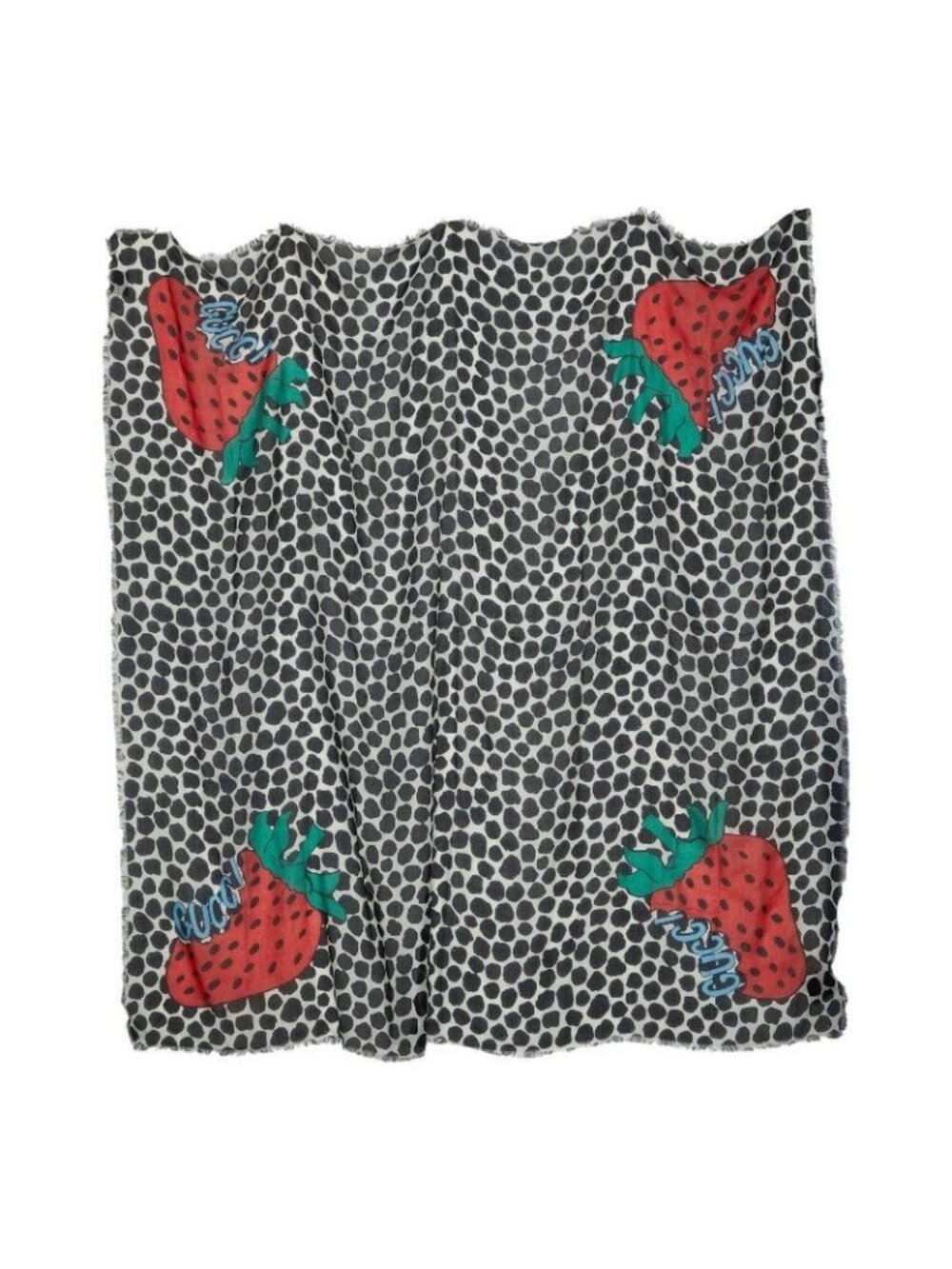 Gucci Dot Pattern Strawberry Scarf Large Black White Multicolor Rayon Silk